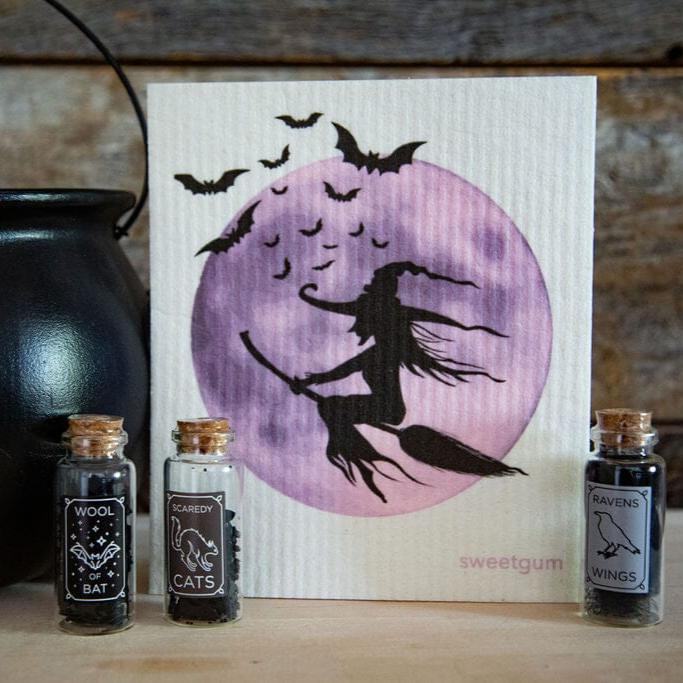 Halloween Witch and Moon Swedish Dishcloth |  Purple & Black