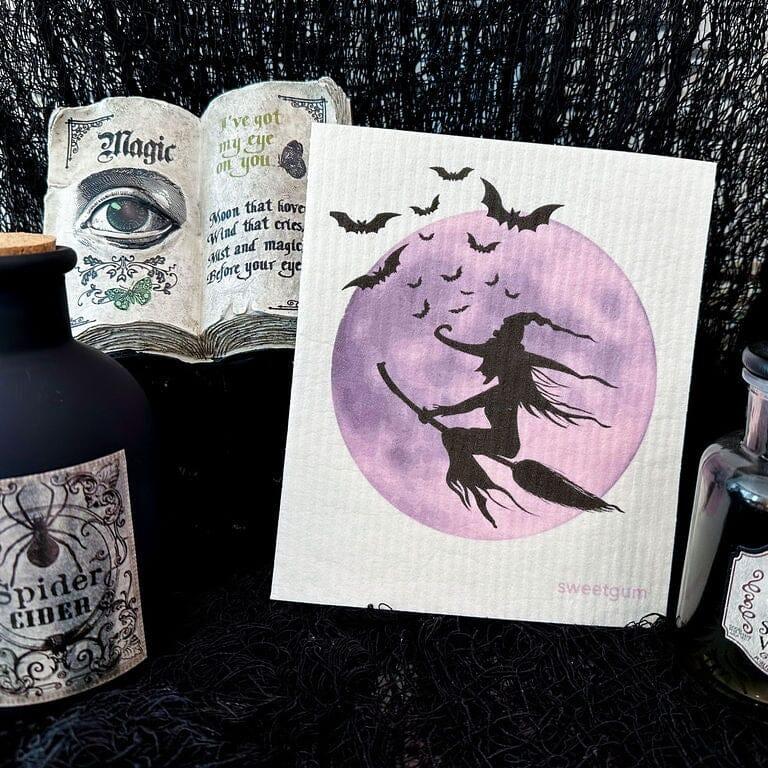 Halloween Witch and Moon Swedish Dishcloth |  Purple & Black